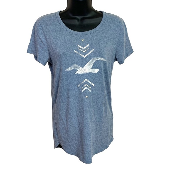 M Y2k Hollister Blue Heather Fitted T Shirt Medium Round Stretch Bird Boho - Picture 1 of 8